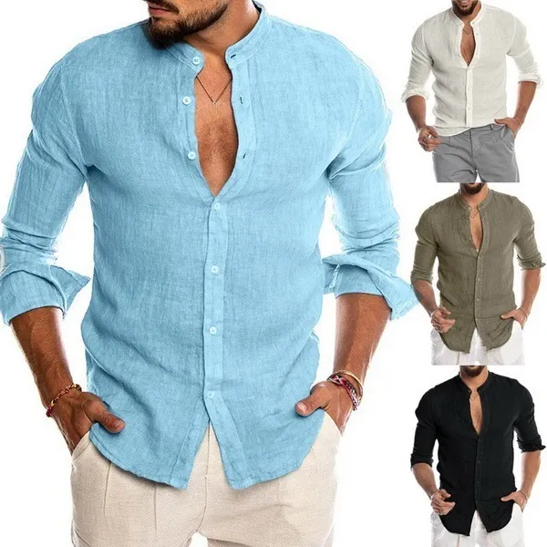 Men Fashion Casual Solid Color Linen Button Stand Collar Long Sleeve Shirt