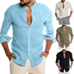 Men Fashion Casual Solid Color Linen Button Stand Collar Long Sleeve Shirt
