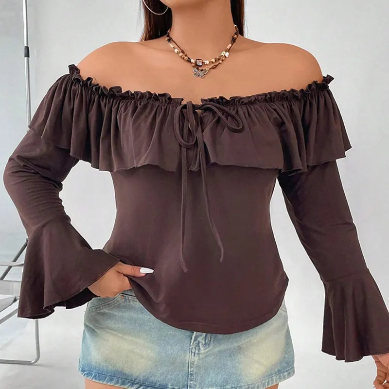 Fashion Solid Slash Neck Flare Sleeve Knitting Sweater Fashion Solid Slash Neck Flare Sleeve Knitting Sweater