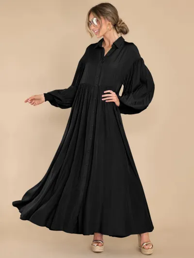 Women Casual Solid Color Creased Long Sleeve Maxi Dress
