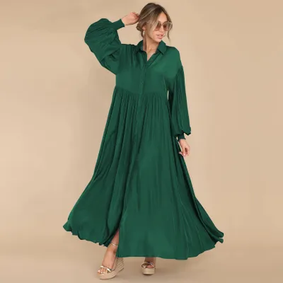Women Casual Solid Color Creased Long Sleeve Maxi Dress