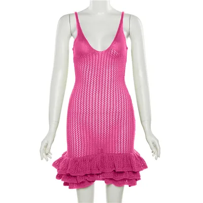 Women Fashion Sexy Spice Strap Backless V-Neck Low-Cut High Waist Flower Bud Dress