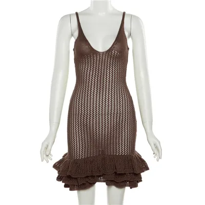 Women Fashion Sexy Spice Strap Backless V-Neck Low-Cut High Waist Flower Bud Dress