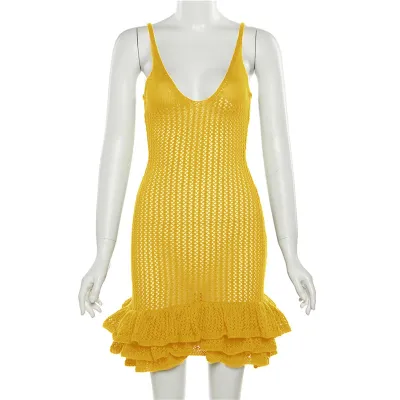 Women Fashion Sexy Spice Strap Backless V-Neck Low-Cut High Waist Flower Bud Dress