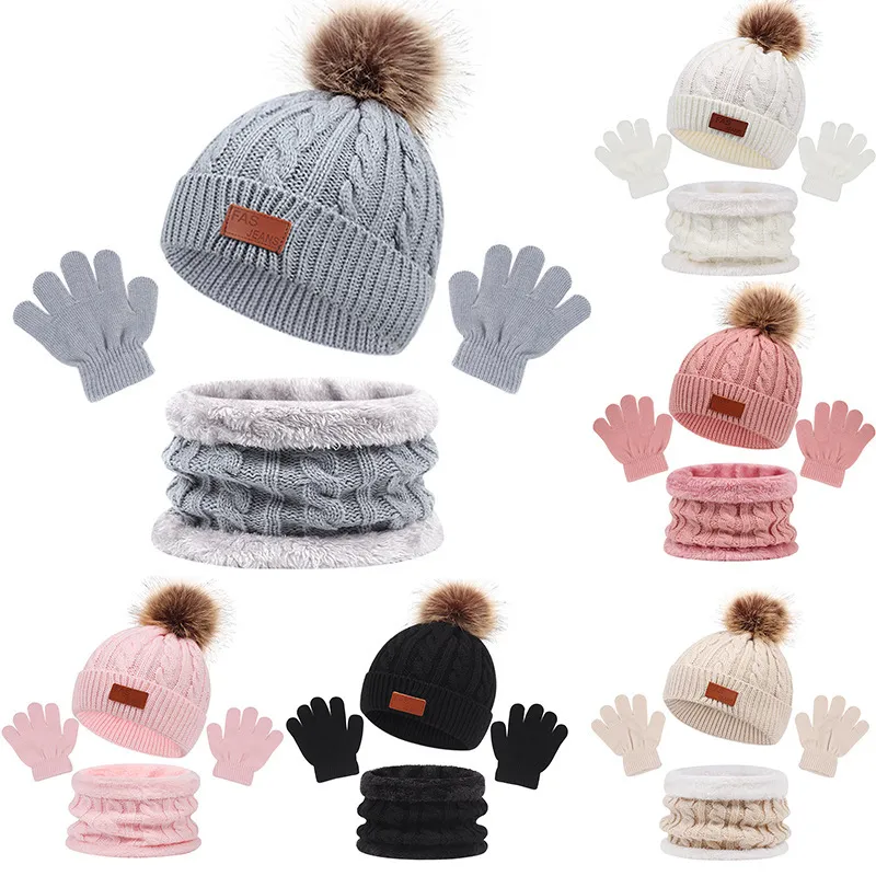 Kids Unisex Autumn Winter Fashion Casual Cute Color-Matching Hat Scarf Gloves Three Set