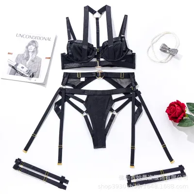 Women Sexy Solid Color Lingerie Garters Bra Set