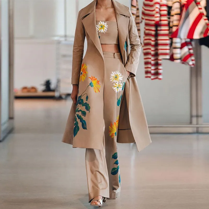 Women Autumn Winter Printed Long Blazer And Pants Set Commuter Wind