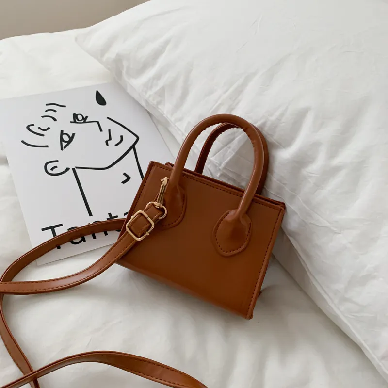 Women Fashion Solid Color Zipper Square Mini PU Handle Crossbody Bag