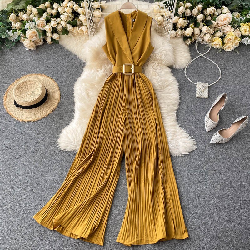 Wholesale Women Retro Solid Lar Wide Leg Jumpsuits