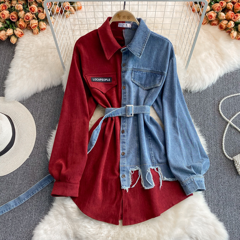 Wholesale Women'S Fashion Denim Stitching Lapel Long Sleeve Dress