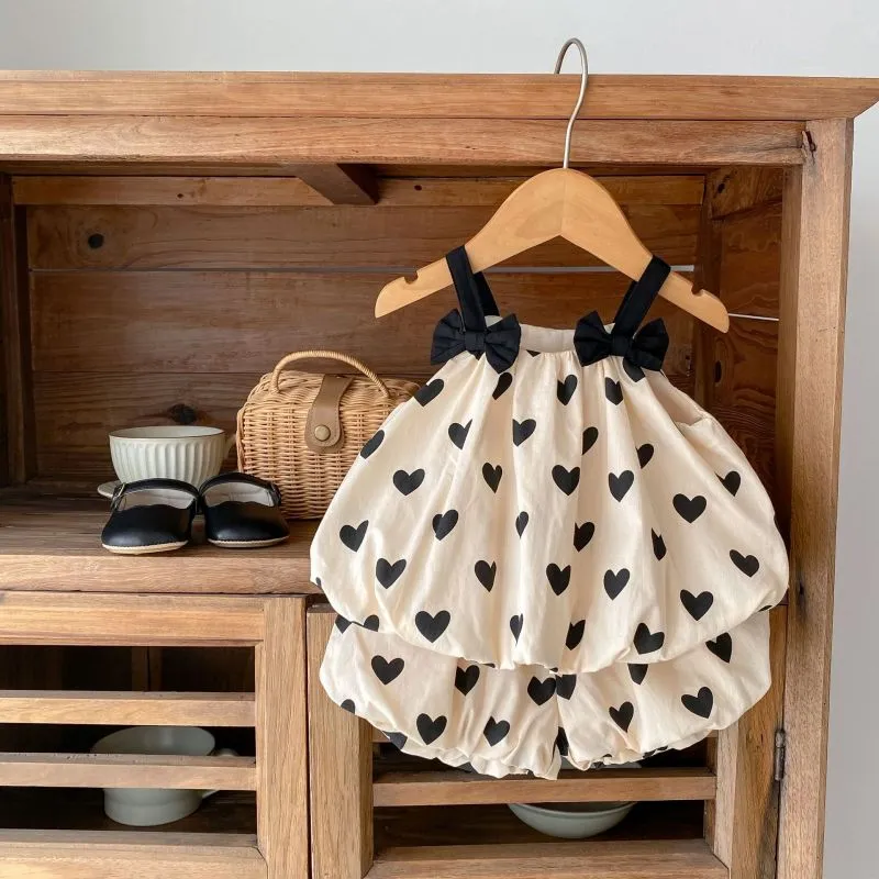 Kids Baby Girls Casual Sweet Cute Bow Heart Pattern Strap Shorts Set Sleeveless Pullover Cotton