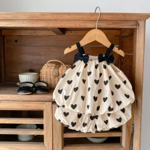 Kids Baby Girls Casual Sweet Cute Bow Heart Pattern Strap Shorts Set Sleeveless Pullover Cotton