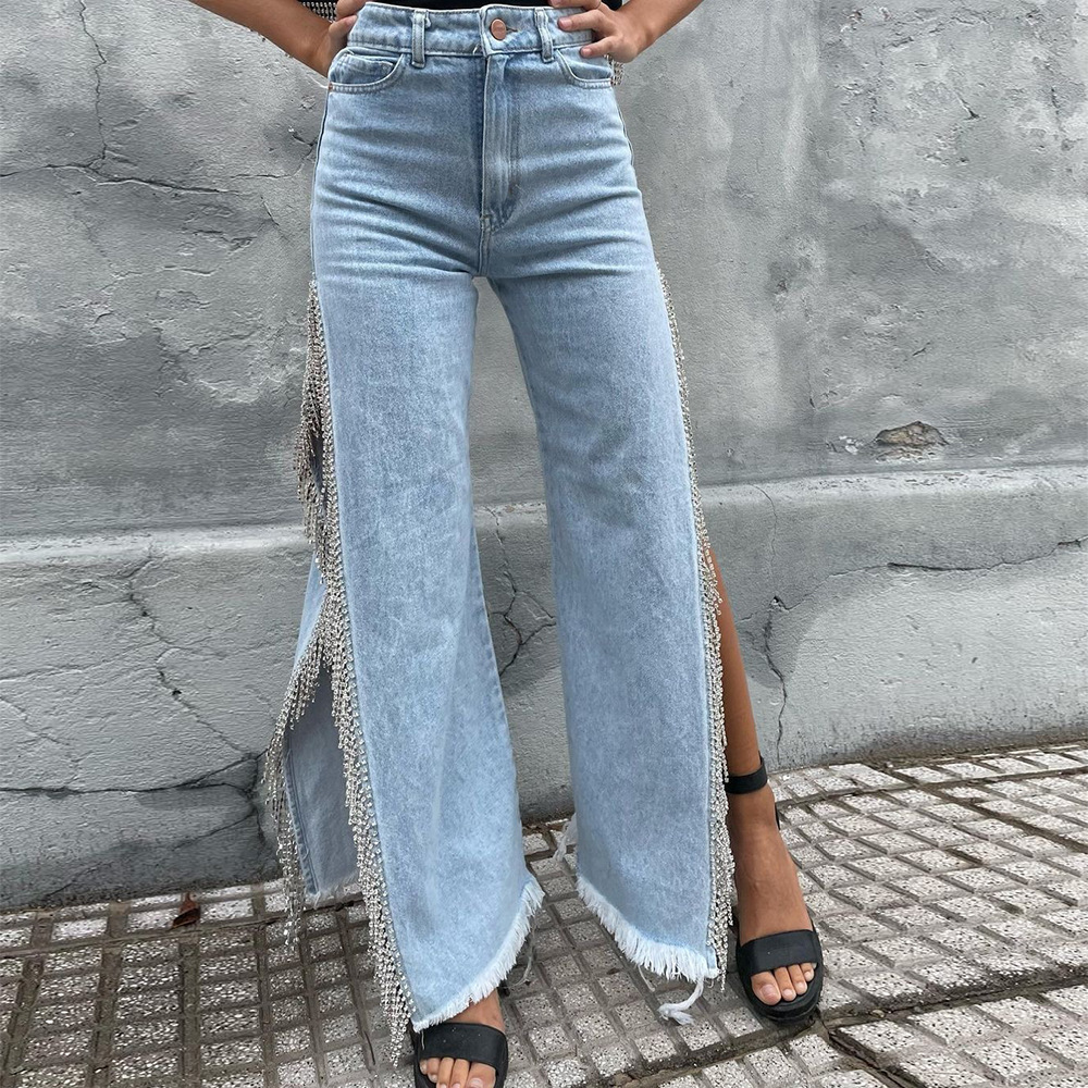 Women's Denim Super High Waist Side Split Wide Leg Pants and V Neck Crop  Top With Traditional Thai Hill Tribe Trim -  Canada