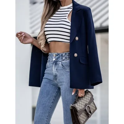 Women's Double-Breasted Suit Jacket Blazer in Solid Color