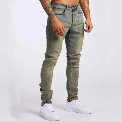 Men Fashion Casual Simple Solid Color Commuter Straight Pants Jeans Movement Style Cotton Mid-Waist Printing