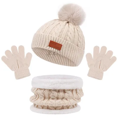 Kids Unisex Autumn Winter Fashion Casual Cute Solid Color Hat Scarf Gloves Three Set Wool