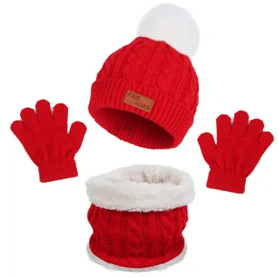 Kids Unisex Autumn Winter Fashion Casual Cute Solid Color Hat Scarf Gloves Three Set Wool