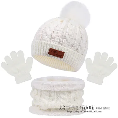 Kids Unisex Autumn Winter Fashion Casual Cute Solid Color Hat Scarf Gloves Three Set Wool