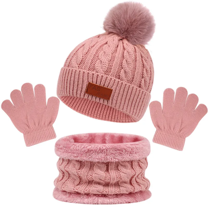 Kids Unisex Autumn Winter Fashion Casual Cute Solid Color Hat Scarf Gloves Three Set Wool