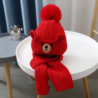 Kids Unisex Autumn Winter Fashion Casual Cute Solid Color Cartoon Bear Hat Scarf Two Set