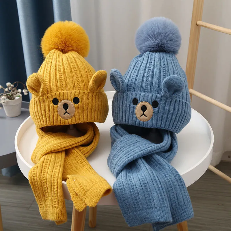 Kids Unisex Autumn Winter Fashion Casual Cute Solid Color Cartoon Bear Hat Scarf Two Set