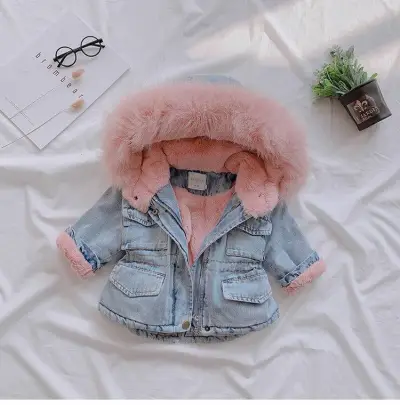 Kids Toddler Girls Boys Autumn Winter Fashion Casual Cute Solid Color Wool Lining Denim Coat Top