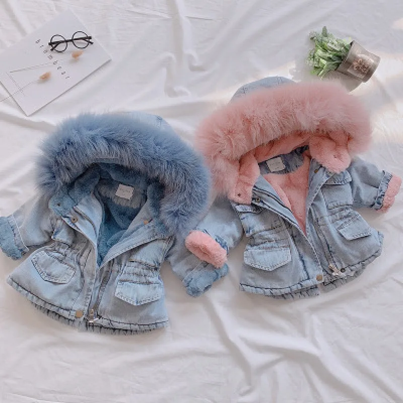 Kids Toddler Girls Boys Autumn Winter Fashion Casual Cute Solid Color Wool Lining Denim Coat Top