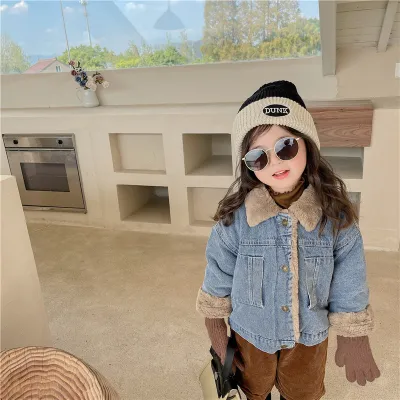 Kids Toddler Girls Boys Autumn Winter Fashion Casual Cute Solid Color Wool-Lining Lapel Denim Coat
