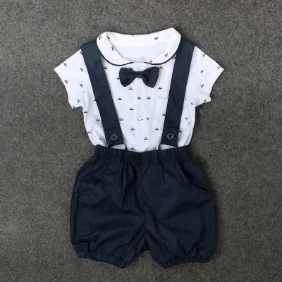 Kids Baby Boys Girls Summer Fashion Casual Cute Bow Small Sailing Pattern Lapel Romper Suspender Trousers Set