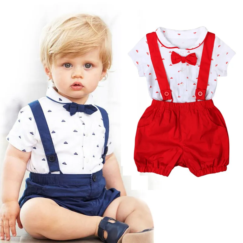 Kids Baby Boys Girls Summer Fashion Casual Cute Bow Small Sailing Pattern Lapel Romper Suspender Trousers Set