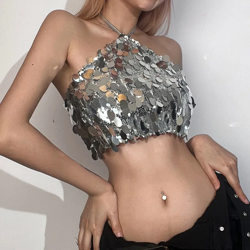 Summer Women Fashion Sexy Backless Halter Sequin Crop Top