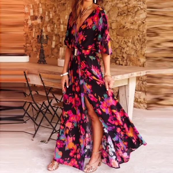Women Fashion Elegant Tiny Flower Printing Flare Sleeve Wrap Maxi Slit Dress