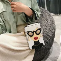 Women Creative Fashion Cartoon Girl Glasses Printed Rivet Square Handle Crossbody Bag