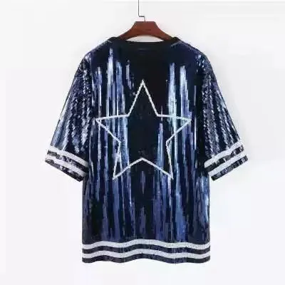 Women Fashion Casual Sequin Letter Printed Round Neck Top