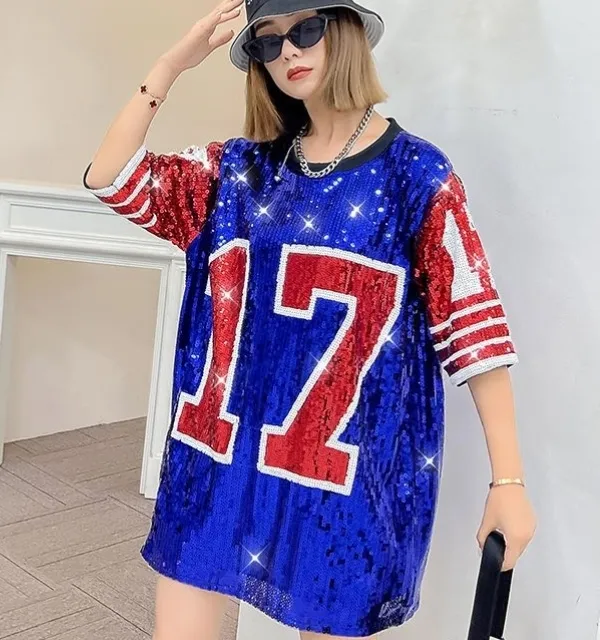 Women Fashion Casual Sequin Color Blocking Digital Printed Round Neck T-Shirts