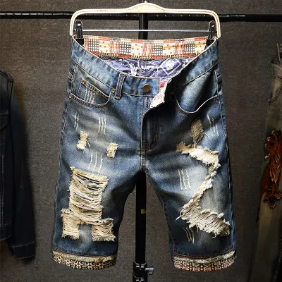 Men Summer Casual Color Matching Raw Hem Ripped Straight Leg Denim