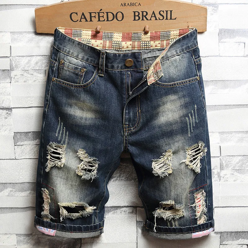 Men Summer Casual Color Matching Raw Hem Ripped Straight Leg Denim
