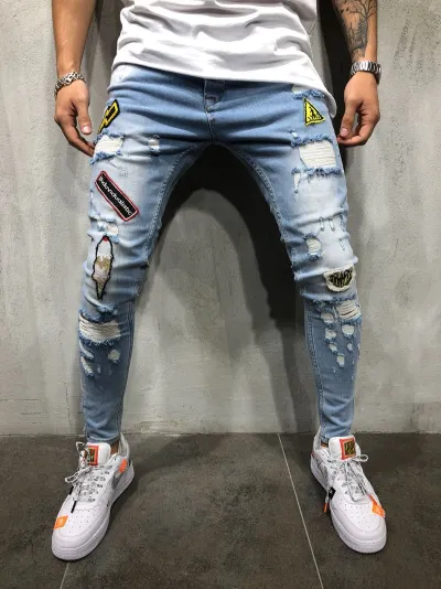 Men Summer Fashion Casual Solid Color Badge Jogger Raw Hem Ripped Denim Jeans
