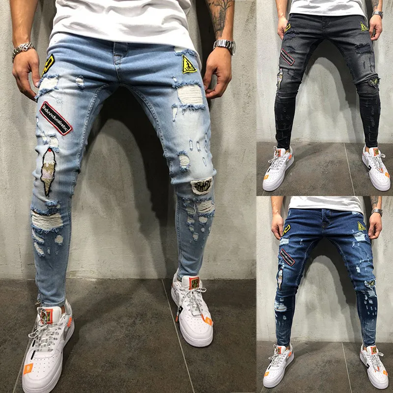 Men Summer Fashion Casual Solid Color Badge Jogger Raw Hem Ripped Denim Jeans