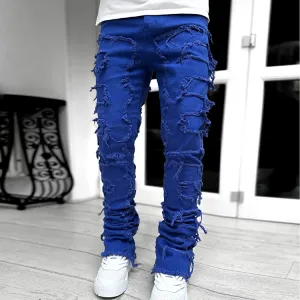 Men's Fashion Raw Hem Ripped Denim Jeans Street Style Long Pants