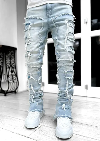 Men's Fashion Raw Hem Ripped Denim Jeans Street Style Long Pants