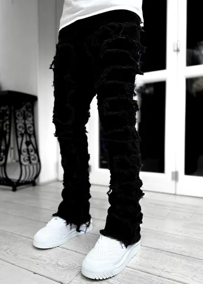Men's Fashion Raw Hem Ripped Denim Jeans Street Style Long Pants