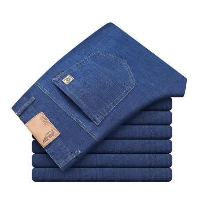 Men Summer Fashion Casual Business Solid Color Ice Silk Straight Jeans