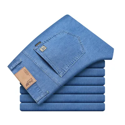 Men Summer Fashion Casual Business Solid Color Ice Silk Straight Jeans