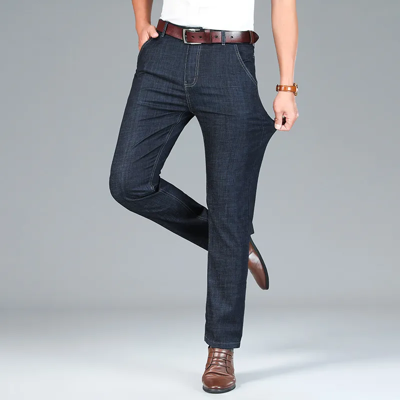 Men Summer Fashion Casual Business Solid Color Ice Silk Straight Jeans