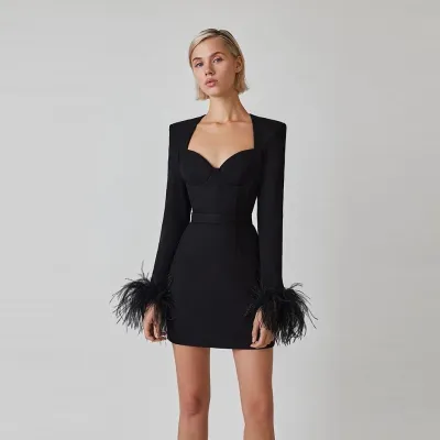 Women Fashion Feather Long Sleeve Solid Color Dress