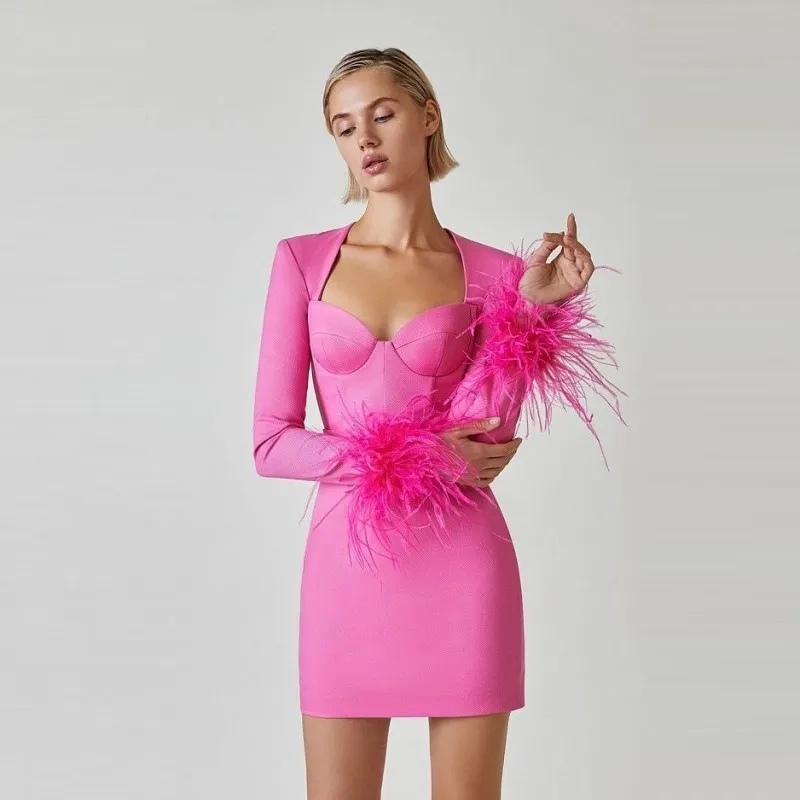 Women Fashion Feather Long Sleeve Solid Color Dress