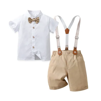Kids Toddler Boys Summer Fashion Casual British Style Bow Lapel Shirt and Suspender Trousers Party Clothing Set