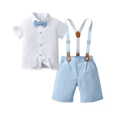 Kids Toddler Boys Summer Fashion Casual British Style Bow Lapel Shirt and Suspender Trousers Party Clothing Set