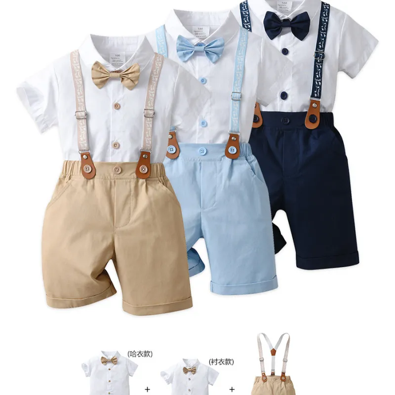 Kids Toddler Boys Summer Fashion Casual British Style Bow Lapel Shirt and Suspender Trousers Party Clothing Set